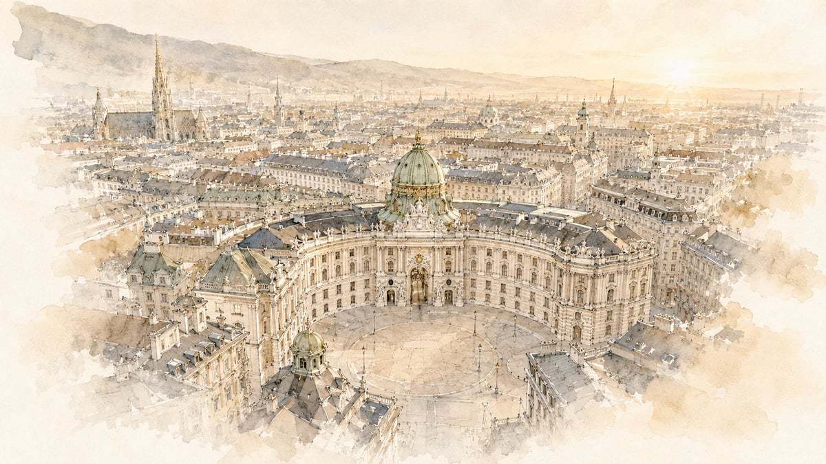 Watercolor aerial view of Vienna's Hofburg Palace with surrounding cityscape and church spires
