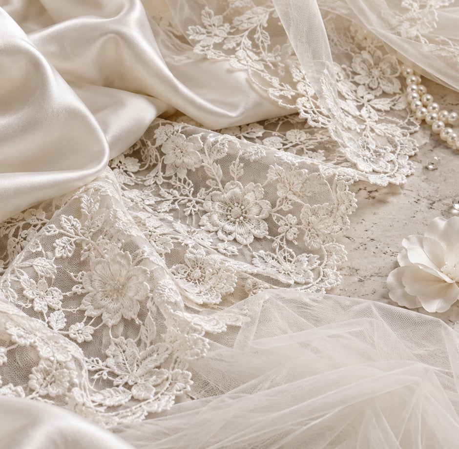 Close-up of delicate white lace and satin wedding dress fabrics with embroidered floral details