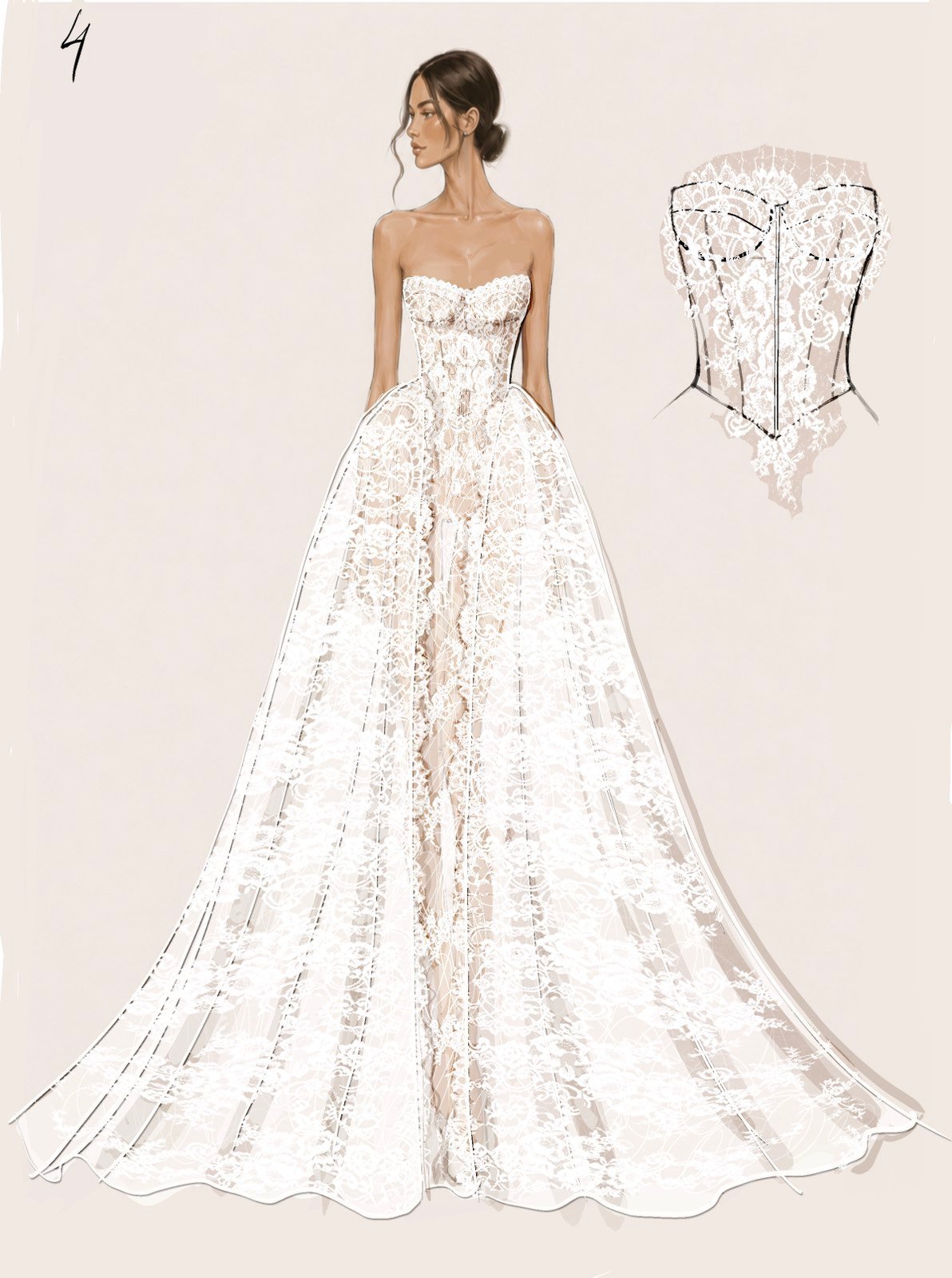 Bridal gown sketch showing a strapless lace wedding dress with ball gown silhouette and detailed corset back design
