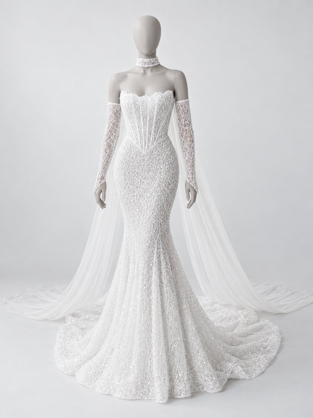 Mannequin wearing an elegant white beaded mermaid wedding gown with off-shoulder long sleeves and flowing train