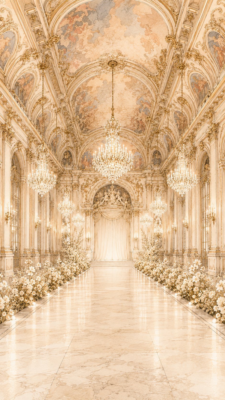 Ornate ballroom interior of Hofburg Palace with crystal chandeliers and arched ceiling