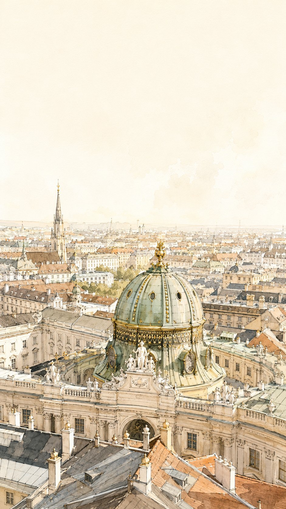 Green copper dome of a classical palace building rising above the city skyline