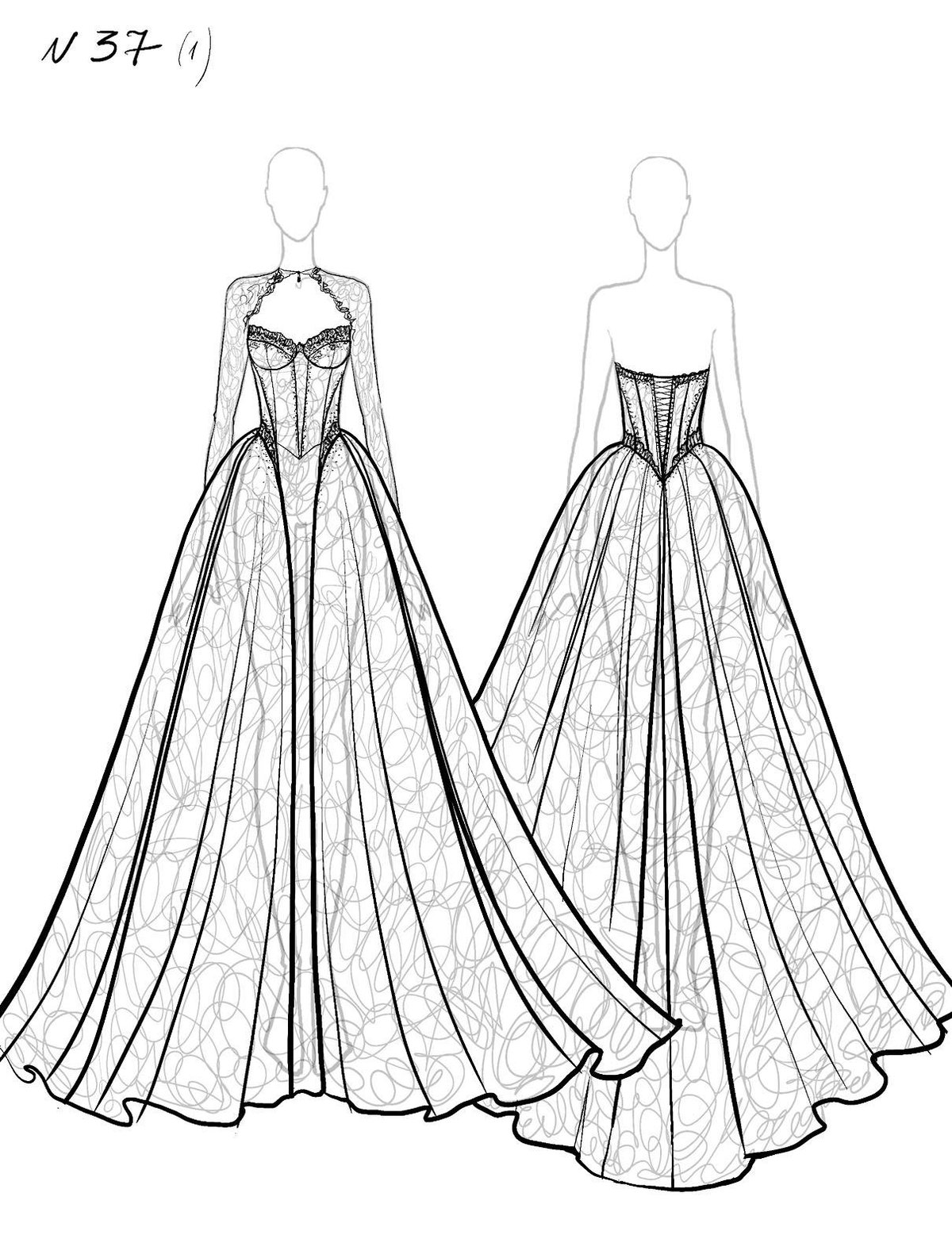 Fashion design sketch showing front and back views of a formal ball gown with corset bodice and full pleated skirt
